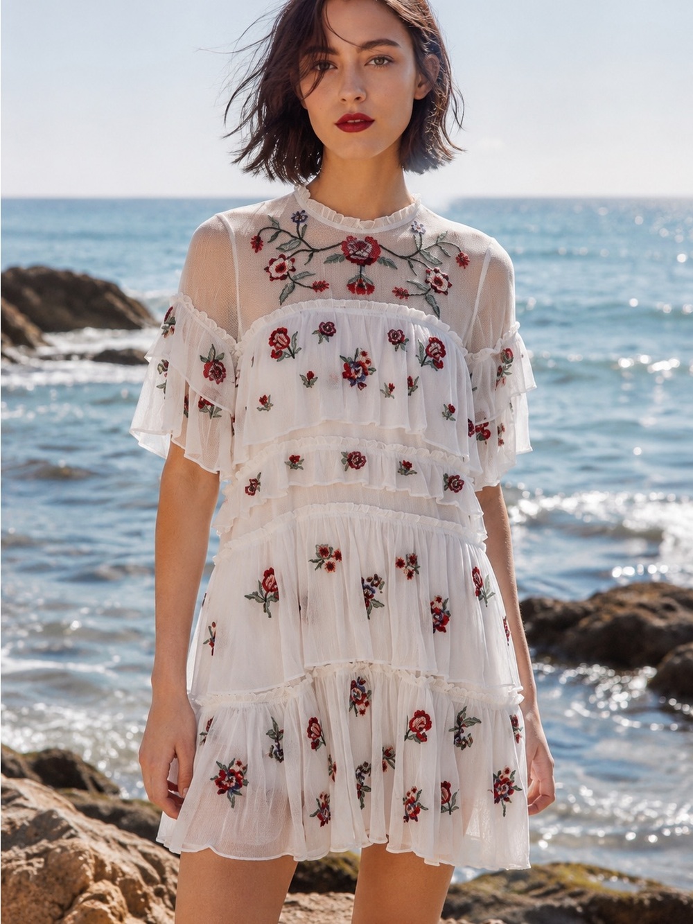 Zara Ivory Floral Embroidered Tiered Chiffon Mini Dress Medium